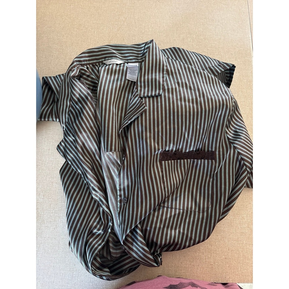 Adonna Woman Brown Blue Striped Satin Button Down Pajama Set Plus Size 3X